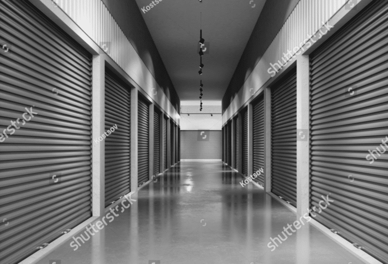 A black and white image of a storage warehouse