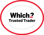 Logo with a red and black "Which? Trusted Trader" text inside a white oval, outlined with a thick red border and two thin grey curved lines in the background.