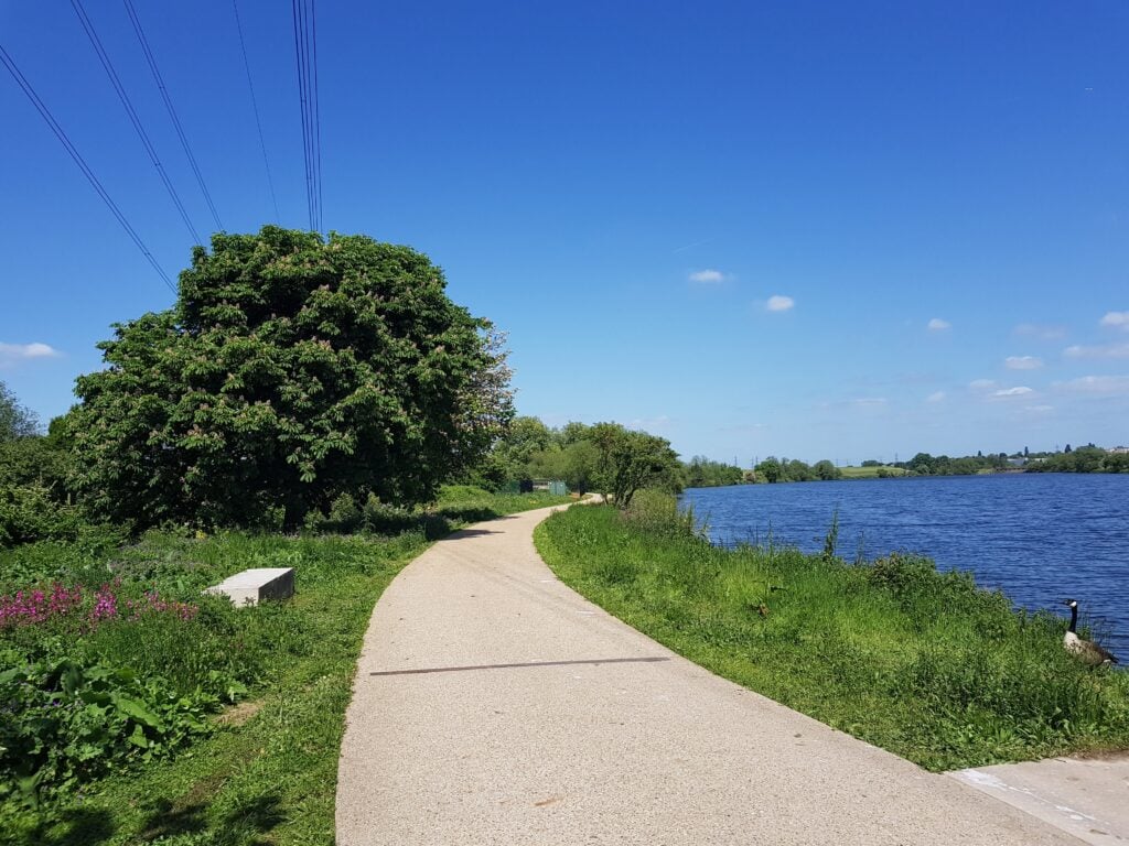 A paved path curves alongside a calm river under a clear blue sky in Walthamstow. Lush green grass and trees line the way, with a bench on the left and power lines overhead—a peaceful guide for those moving through nature.