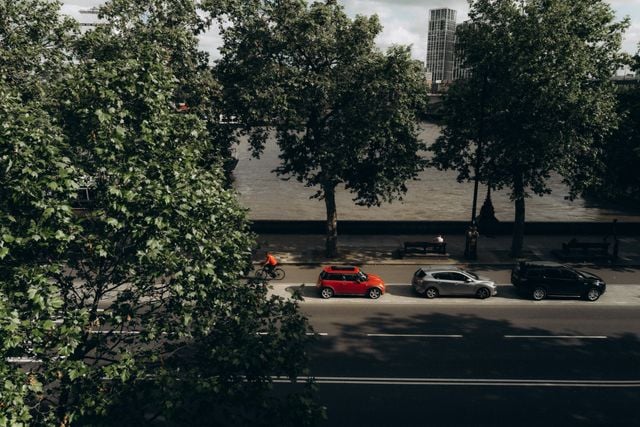 A street next to a river lined with trees; three cars and a cyclist travel along the road, with tall buildings and cloudy sky in the background—perfect for anyone considering moving to Battersea.