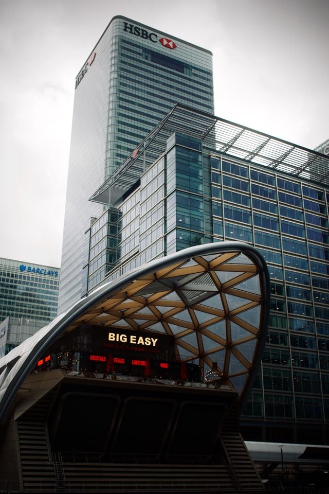 A modern cityscape featuring the HSBC skyscraper, glass office buildings, Barclays signage, and the curved roof of the Big Easy restaurant entrance in the foreground—capturing the vibrant atmosphere of Canary Wharf.